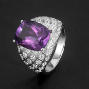 轻奢巴西天然紫水晶戒指男纯银镀白金镶嵌宝石指环男士时尚饰品