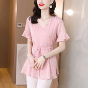 粉色雪纺衬衫女2024夏时尚(夏时尚)洋气漂亮小衫收腰显瘦短袖裙摆上衣