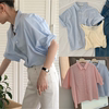 完形填空ounce韩系男友衬衣清新蓝色粉色单排扣条纹短袖衬衫女