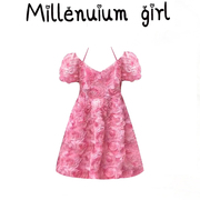 公主风泡泡袖v领连衣裙女夏季粉色立体玫瑰花瓣气质甜美裙子