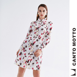 canto motto雾道 商场同款秋季新款优雅印花修身衬衫式连衣裙