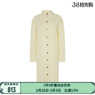 ganni女士温暖淡黄色竖条纹设计衬衫款日常休闲棉质长袖连衣裙