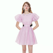 设计师品牌eimismosol粉色泡泡，袖后背镂空系带连衣裙，23春夏新