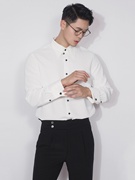 川泽男装法式袖扣长袖，白色衬衫韩版修身黑色衬衣男士法扣上衣