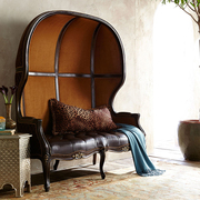 法式古典真皮高背太空椅，欧式时尚皮艺蛋壳椅美式实木双人沙发