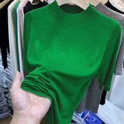 大码打底内搭上衣女春秋洋气毛衣中袖t恤女绿色潮薄款五分袖针织