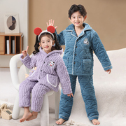 儿童冬季女童睡衣法兰绒男孩三层加厚夹棉套装珊瑚绒亲子家居服