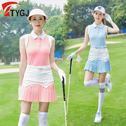 高尔夫服装女士背心无袖t恤夏季修身显瘦翻领，短袖运动粉色上衣服
