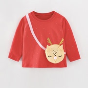 女童红色纯棉长袖t恤宝宝，挎包上衣儿童3岁7春秋装婴儿小鹿体恤衫8