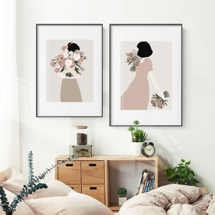 现代清新ins风花与少女客厅装饰画民宿花店简约挂画书房卧室墙画
