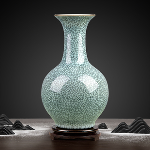 景德镇仿古官窑裂纹陶瓷器花瓶，中式摆件家居样板间装饰品客厅插花