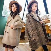 韩国女童毛呢大衣秋冬2024格子，宽松中大童双面羊绒中长款外套