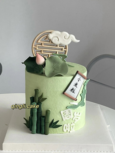 新中式国潮风宝宝满月周岁蛋糕，装饰绿色系荷花，荷叶木质蛋糕插件