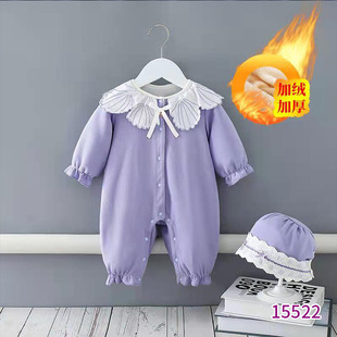婴儿衣服秋冬天紫色连体衣加厚一岁百天女宝宝长袖带帽子哈衣爬服