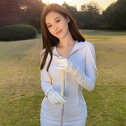 韩版高尔夫服装女白色长袖上衣连帽外套春季薄款速干运动短裙套装