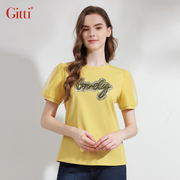 Gitti/吉蒂夏款穿珠片刺绣圆领棉短袖女显瘦大码泡泡袖T恤G231425