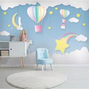 网红儿童房背景墙壁纸壁画，卧室气球女孩，公主墙纸蓝色天空爱心男孩