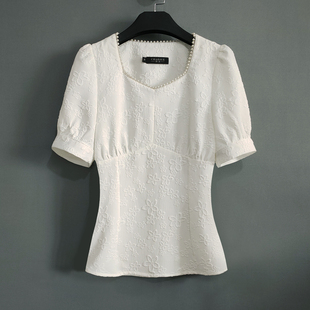 白色短袖T恤女2024夏钉珠修身小衫泡泡袖轻熟短款上衣潮2151