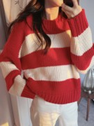 节日氛围减龄红白条纹羊毛针织衫圆领套头毛衣2023年秋冬女