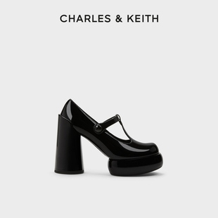 CHARLES&KEITH春夏女鞋CK1-60361493 T字带漆皮防水台高跟鞋女