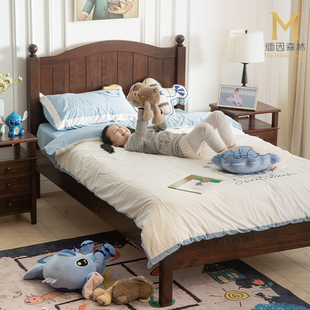 美式儿童床实木水性漆实木床白色床1.5米女孩男孩1.35米单人床
