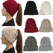毛线帽子女士冬季针织帽防风护耳套头帽空顶秋冬女孩无顶露马尾帽