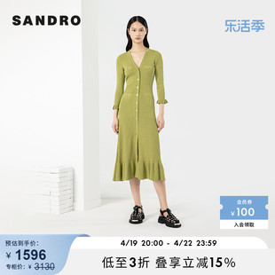 sandrooutlet春秋女装薄荷曼波绿色，收腰针织连衣裙长裙sfpro02997