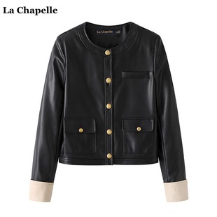 拉夏贝尔/La Chapelle秋季高级气质圆领黑色皮衣女小香风外套