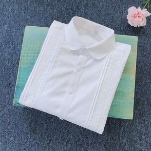 女童白衬衣(白衬衣)长袖，纯棉打底衫中大童短袖，蕾丝花边纯白色衬衫学生校服