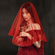 红盖头新娘红色头纱结婚纱礼服秀禾服中式复古风纱短款蕾丝旅