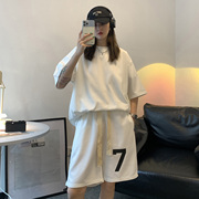 中性女装套装2022夏季短袖T恤宽松华夫格情侣装HK01-裤35衣35