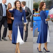 高端私人定制玛丽王妃同款蓝色拼接白色真丝连衣裙女修身显瘦优雅