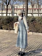 秋冬连衣裙湖蓝绿毛呢格子，口袋长款背带裙秋装，搭配一整套韩版