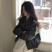ahhyeon黑色皮夹克女2023小个子宽松复古棕色皮衣外套女短款