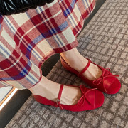 红色玛丽珍鞋女法式蝴蝶结拼接低跟芭蕾舞鞋，一字带圆头浅口平底鞋