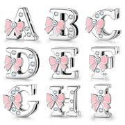 跨境粉色蝴蝶结26字母系列夹珠子，925纯银珠子，diy女手链配件珠