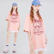 日系卡通t恤女短袖，粉色上衣美少女涂鸦体恤，2023夏装纯棉宽松