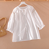 衬衫女白色时尚拼接镂空七分灯笼，袖宽松版，圆领系带套头上衣衬衣夏