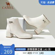 骆驼女鞋2024春秋时尚休闲高跟，靴子女复古方头柔软时装靴