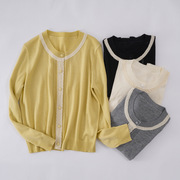 2024年春季法式蕾丝边鹅黄色开衫时尚高级质感羊毛薄外套春装