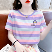 纯棉条纹短袖t恤女夏装，2023宽松设计感小众体，恤衫紫色上衣潮