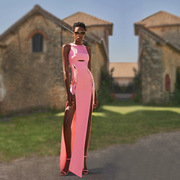 2022年粉红色中长款优雅开叉长裙绷带礼服气质名媛敬酒晚装