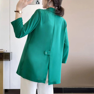 绿色休闲小西装外套女春夏季薄款高级感设计感小众雪纺西服上衣