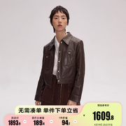 新ONLY2024春季潮酷羊皮革修身短款翻领长袖皮衣女