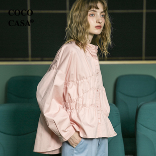 cococasa设计感新纯棉白遮肚子上衣，粉色娃娃款衬衫女2023早秋宽松