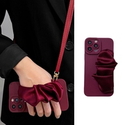 新年酒红色褶皱丝绸手腕带适用华为Mate60pro手机壳Mate50可背带p60斜挎p50挂绳p40pro高级mate40时尚30小众