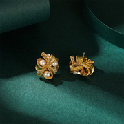 法式优雅潮金属编织麻花轻奢镶嵌天然珍珠耳钉，925银针高级设计感