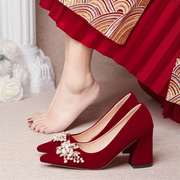 适合订婚穿的鞋子红色中式婚鞋女2022年高跟新娘鞋法式敬酒鞋