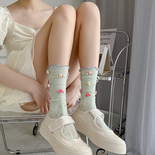 jk白色小腿袜女春夏糖果色薄款网纱镂空蕾丝花朵绿色中筒袜堆堆袜
