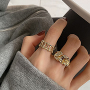 欧美金色几何镂空戒指女925银，ins韩版个性，嘻哈复古开口食指环